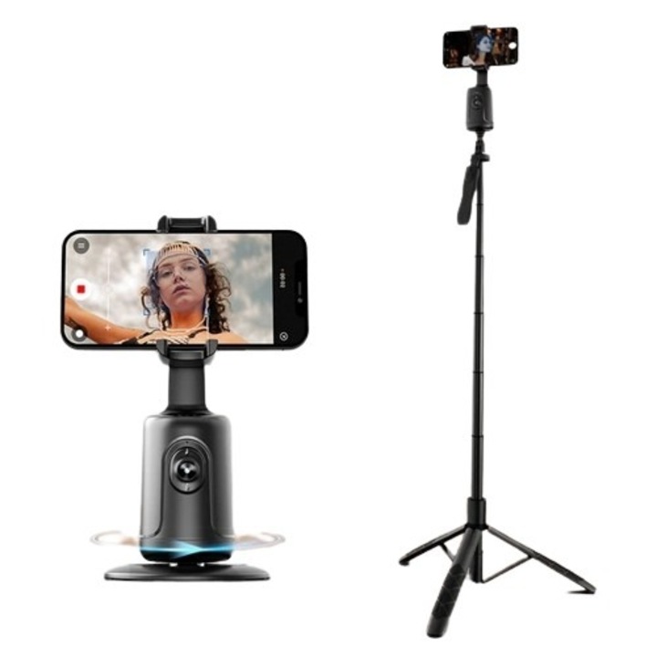 Kit Profesional Pentru Vlogging CRISTALIS SALE™ format din Suport Telefon Inteligent cu functie AI de urmarire a fetei, rotire 360° plus Selfie stick Trepied Gimbal cu Telecomanda, Universal, Reglabil, Inaltime 34-153cm cu tija din aluminiu