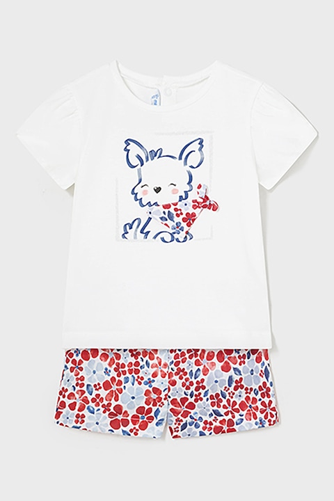Mayoral, Set de top din amestec de bumbac cu model si pantaloni scurti, Rosu/Alb/Albastru