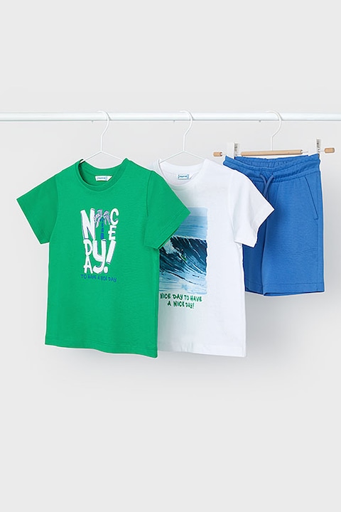Mayoral, Set de tricou cu imprimeu si pantaloni scurti - 3 piese, Alb/Verde/Albastru