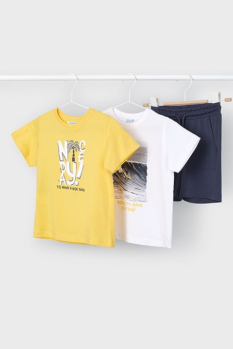 Mayoral, Set de tricou cu imprimeu si pantaloni scurti - 3 piese, Alb/Galben/Albastru ultramarin
