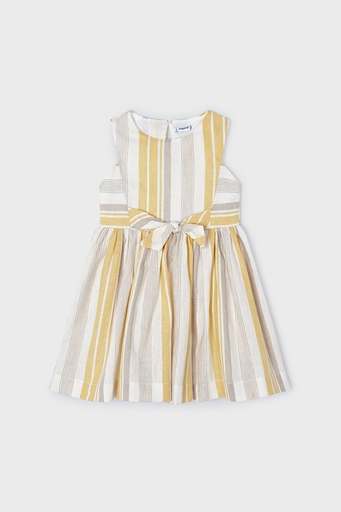 Mayoral, Rochie din amestec de in si lyocell cu panglica pe parte din spate si model in dungi, Galben/Alb murdar