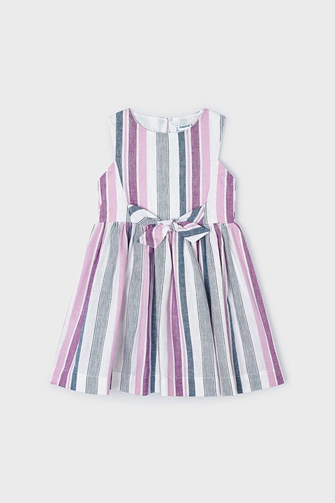 Mayoral, Rochie din amestec de in si lyocell cu panglica pe parte din spate si model in dungi, Gri deschis/Lila