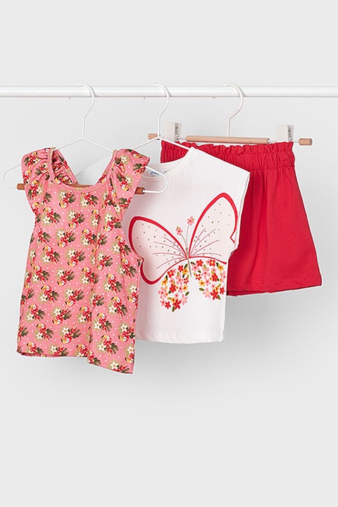Mayoral, Set de tricou cu imprimeu, rochie si fusta, 3 piese, Rosu/Alb/Roz