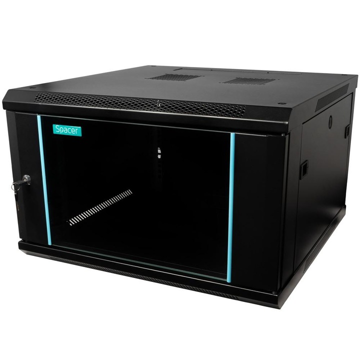 SZEKRÉNY 19" TÁVTARTÓ 6U 600x600mm, falra szerelhető, Flatpack (szétszerelt), Fekete, üvegajtó bl-vel