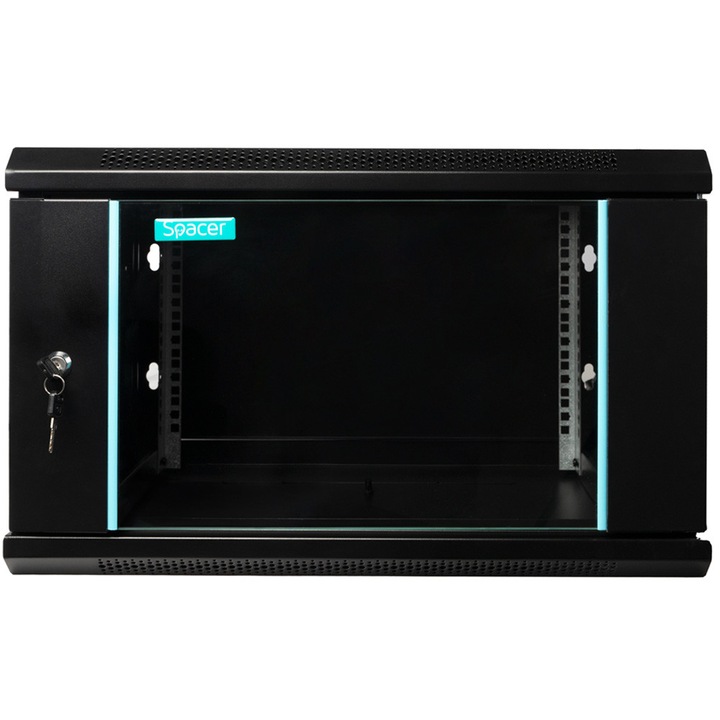 Szekrény, 19″ SPACER 6U 600x450mm, falra rögzíthető, Flatpack (nem összeszerelve), fekete, kivehető panelek, 1,5 mm acél, maximális teherbírás 60 kg