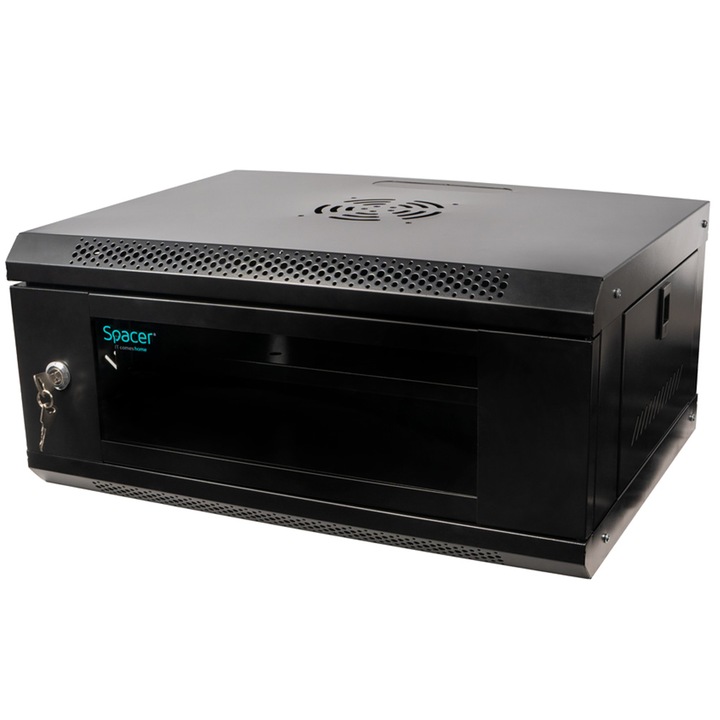 Szekrény 19″ SPACER 4U 500x400mm, falra rögzíthető, Flatpack (nem összeszerelve), fekete, kivehető panelek, 1mm acél, maximális teherbírás 25kg