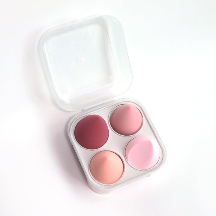 Set 4 x Burete Machiaj, cutie pentru transport si depozitare tip cofrag, din microfibra, fara latex, non-abrazivi, aplicarea machiajului tip fondului de ten, utilizare umeda si uscata, Multicolor