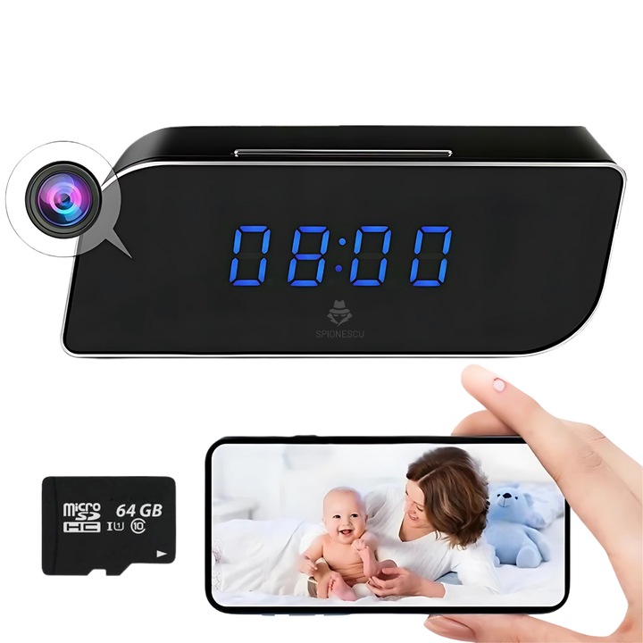 Camera spion WI-FI ascunsa in ceas desteptator, Spionescu, detectare miscare pe iOS, 64 GB, rezolutie 1080P, Tehnologie DVR Wi-Fi IP, 2500 mAh, autonomie 5 ore, unghi de vizualizare 136°, negru