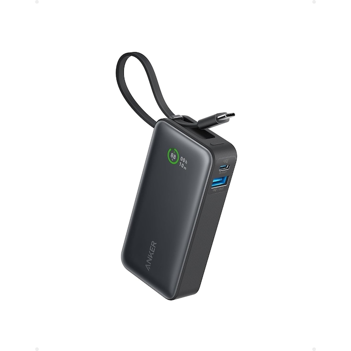 Външна батерия Anker Nano 545, 10000 mAh, 30W, USB-C, USB-A, Вграден USB-C кабел, Черен