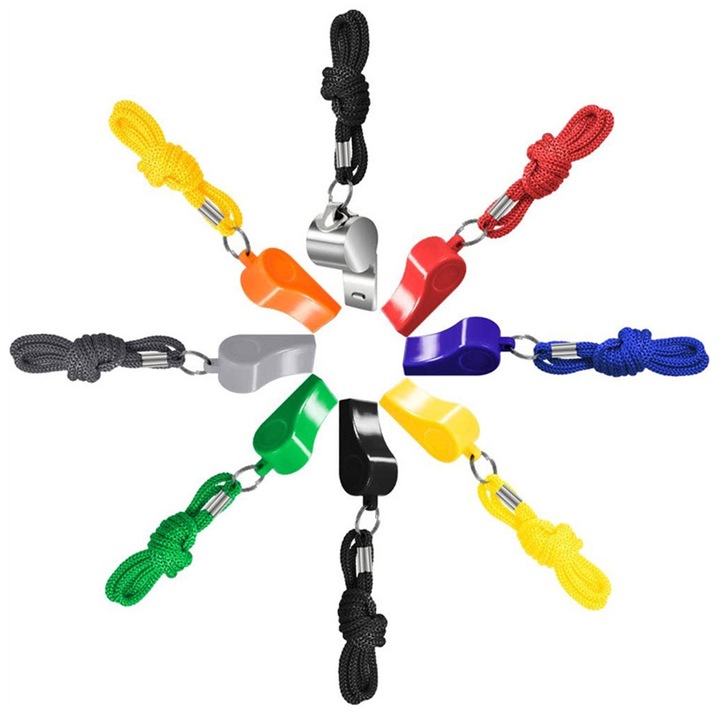 Set 8 fluier, Axroad Mall, 120db decibela mare, Cu snur arbitru, Usor de transportat si curatat, Pentru camping, drumetii, situatii urgenta, ABS/Nylon, 50x22x17mm, Multicolor