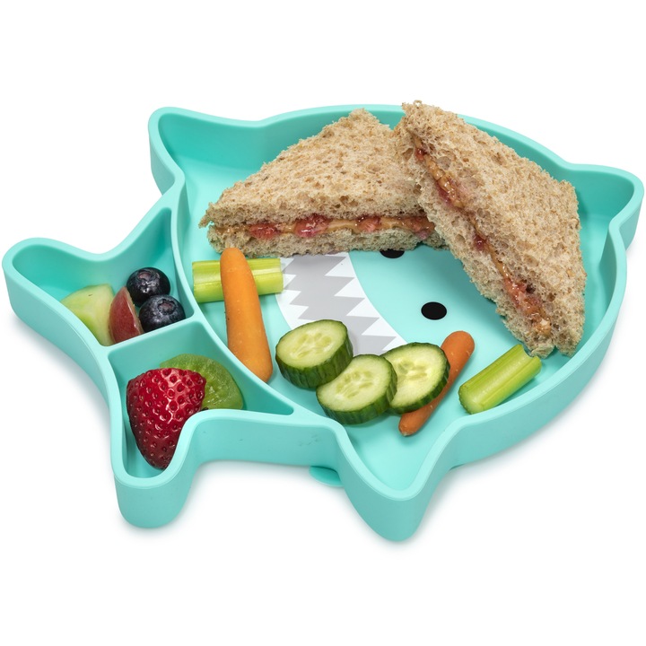 Чиния за бебета Melii, Разделена, Силиконова, С вендуза, Акула