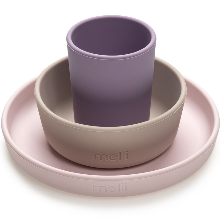 Комплект за хранене Melii, За бебета, Силиконов, 3 части, Лилав/Розов/Сив
