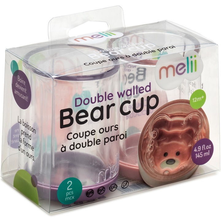 Melii Belső macis gyerek pohár, Rózsaszín/Lila, 2 db