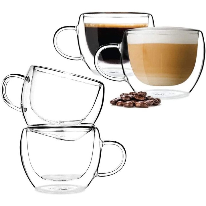Комплект 4 чаши за кафе, JRing, Стъкло, 250 мл, Прозрачни