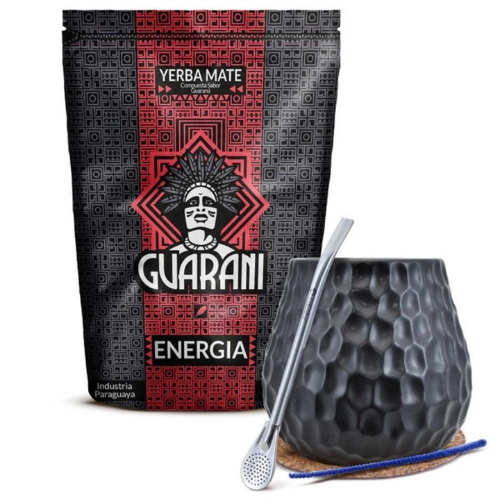 Yerba Mate Tea Készlet, Guarani Energia Guarana 500 g, Fekete Kerámia Bögre 400 ml, Bombilla