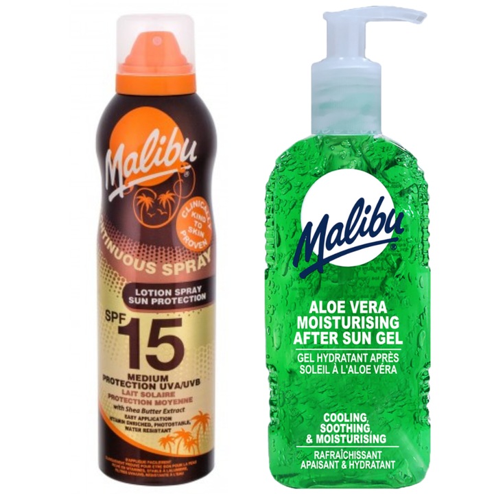 Set protectie solara, Malibu, SPF15,Balm de protectie 175ml+Aloe Gel ass bronzare 200ml