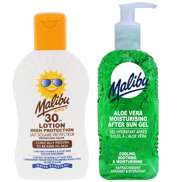 Protectie solara, Malibu, SPF30, Impermeabil, Spray, 200ml + Aloe Gel de bronzare 200ml