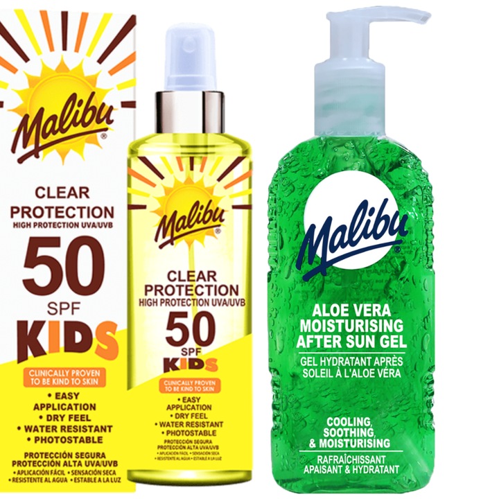 Protectie solara, Malibu, SPF50, Impermeabil, Spray, 250ml + Aloe Gel de bronzare 200ml
