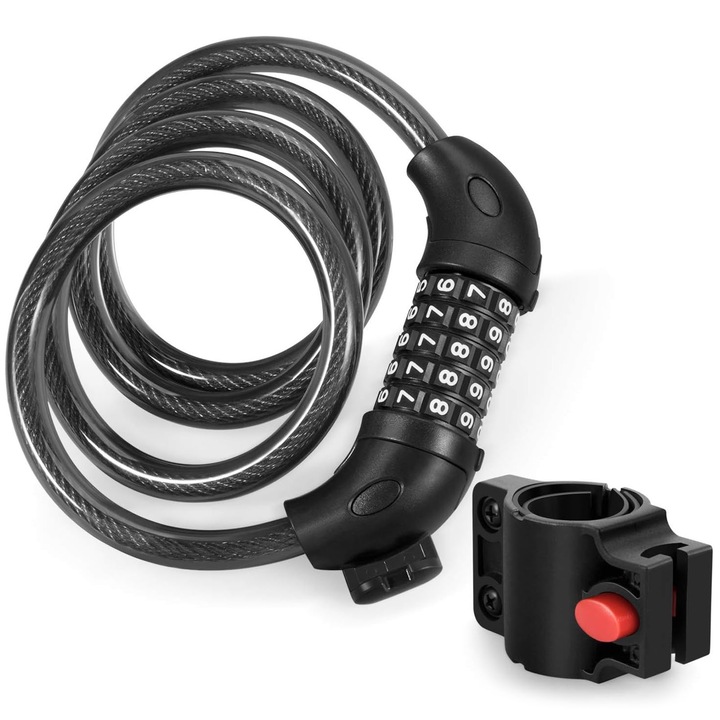 Antifurt bicicleta cu suport prindere, Axroad Mall, Antifurt bicicleta cu cifru, Parola de 5 digiti, 120 cmx12 mm, Anti-taiere, Pentru motociclete, scutere si biciclete, Aliaj de zinc/PVC/ABS, Negru