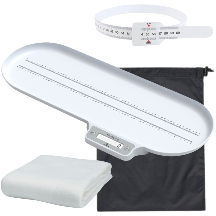 Cantar electronic bebelusi Dunepath® 70 cm, Bluetooth, 30 kg, Forma ergonomica concava, Scara lungime 60cm, Functie Tare, Blocare automata a cantaririi, Inchidere automata, Acuratete 1g, Paturica microfibra, Banda masurat capusor, Husa, Baterii neincluse