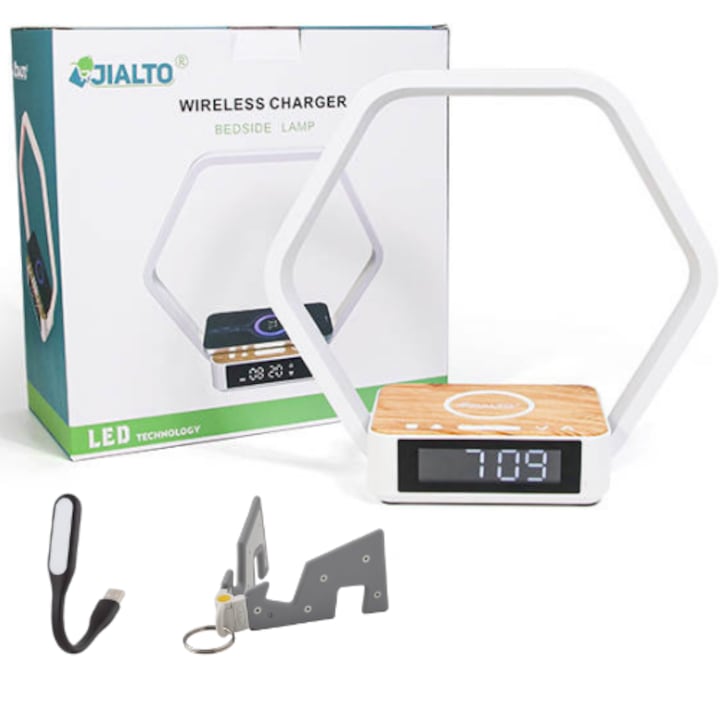 BEYONDIX™ LED lámpa, 6 színben állítható világítás, gyorstöltő 15 W-os telefontöltő, beépített digitális ébresztőóra, telefontartó és USB LED.