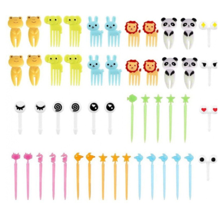 Set 50 furculite pentru fructe cu animale, Plastic, Multicolor