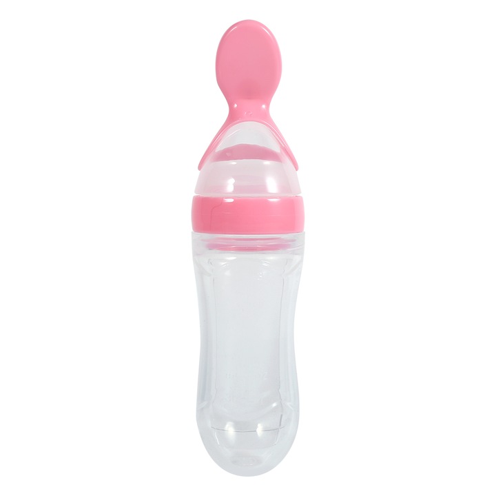 Szilikon cumisüveg 90 ml babáknak és kisgyermekeknek, kanállal, nyomós adagoló friss ételekhez és gabonafélékhez (rózsaszín)
