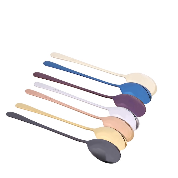 Set 7 lingurite de cafea cu maner lung, Inox, Multicolor