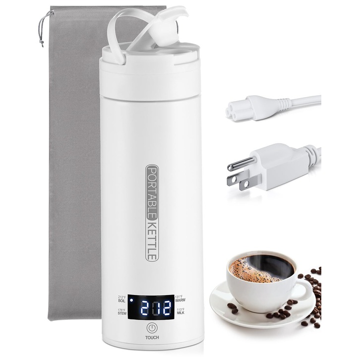 Fierbator electric de calatorie, WALALLA, Otel inoxidabil, Alb cald