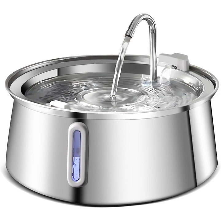 Автоматичен диспенсър за вода тип фонтан за котки и кучета, с голям прозорец за нивото на водата, пречистване и филтриране чрез активен въглен, ултра тих, USB, щепсел адаптер, неръждаема стомана 304, капацитет 3.2L, сребрист