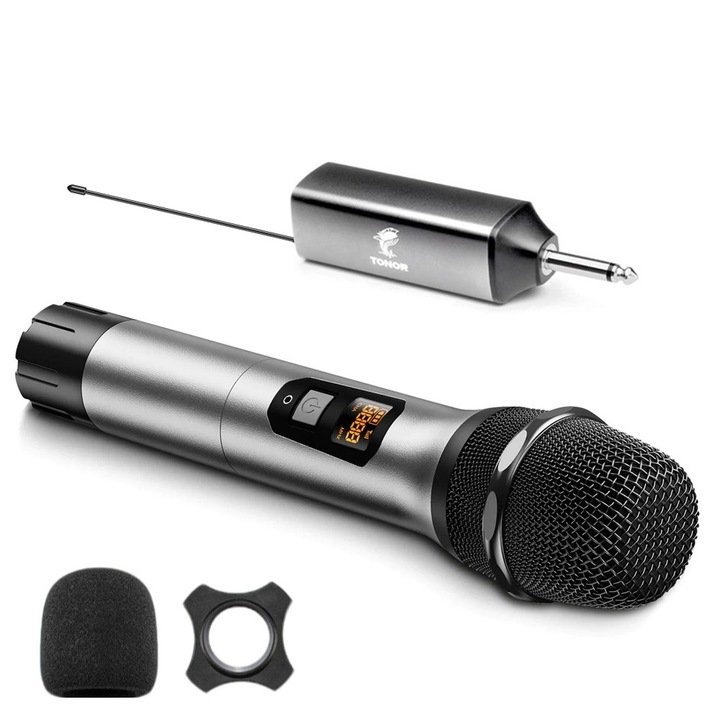 Професионален микрофон, безжичен, Tonor TW620, двоен UHF динамичен, кардиоиден, метален, функция за шумопотискане, за конференции, караоке, излъчване, речи, запис, преносим, LED дисплей
