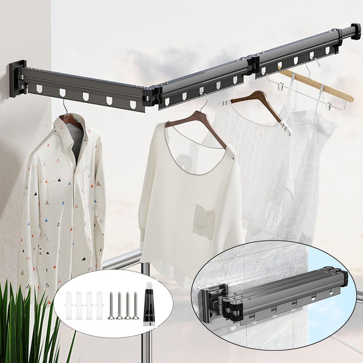 Suport de Uscare pentru Haine Pliabil(Tri-Fold), Axroad Mall, Raft de rufe montat pe perete, 126cm, Cu 15 carlige, Retractabil, Rugina si rezistenta la coroziune, Capacitate de incarcare 10kg, Aliaj de aluminiu, Gri gunmetal