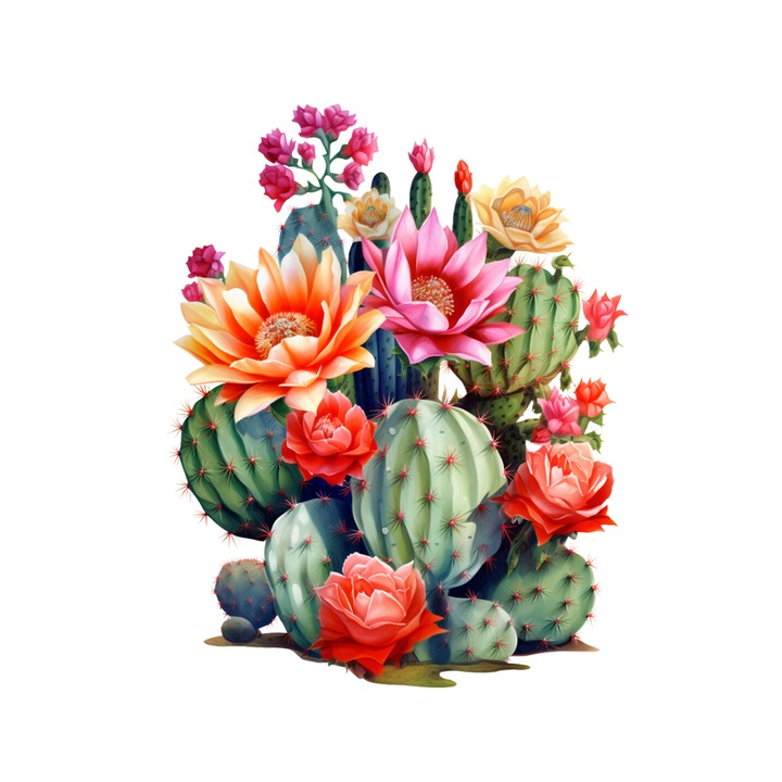 Set 5 bucati, Sticker decorativ, Cactusi infloriti Elery, Rezistent la apa, NO10193, 6 cm, Multicolor