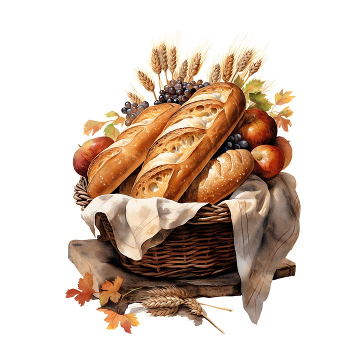 Set 5 bucati, Sticker decorativ, Cos de nuiele cu paine si fructe (1), Rezistent la apa, NO11405, 6 cm, Multicolor