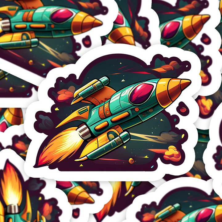 Set 5 bucati, Sticker decorativ, Nava spatiala Flavius, Rezistent la apa, NO10104, 6 cm, Multicolor