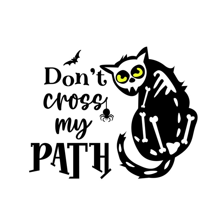 Set 5 bucati, Sticker decorativ, Pisica schelet Dont cross my path, Rezistent la apa, NO14672, 6 cm, Multicolor
