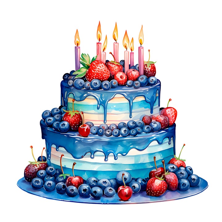 Set 5 bucati, Sticker decorativ, Tort albastru cu capsune si afine, Rezistent la apa, NO15504, 6 cm, Multicolor