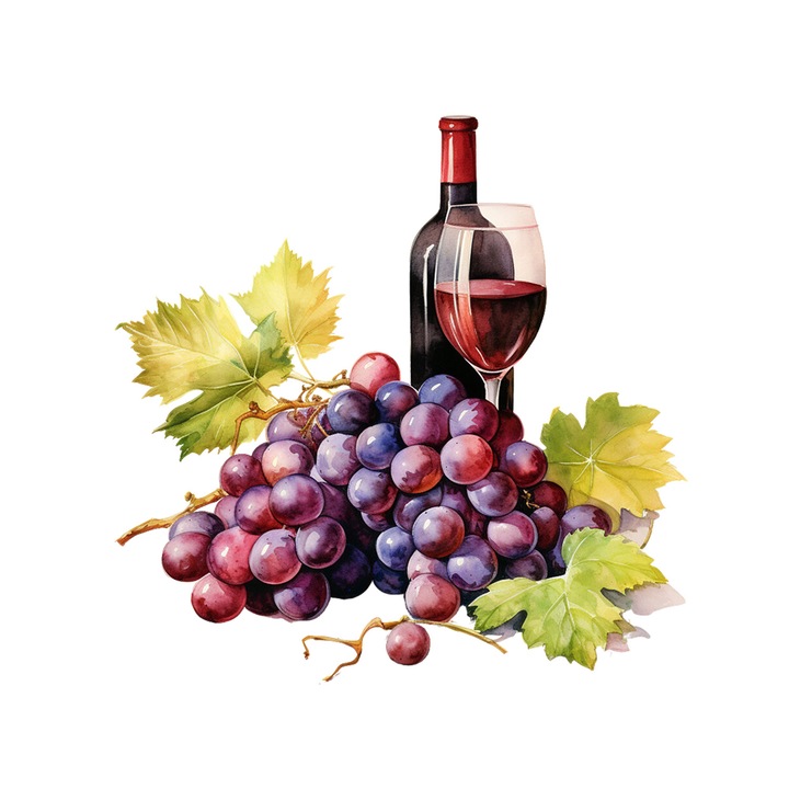 Set 5 bucati, Sticker decorativ, Sticla cu vin rosu pahar si strugure, Rezistent la apa, NO14082, 6 cm, Multicolor