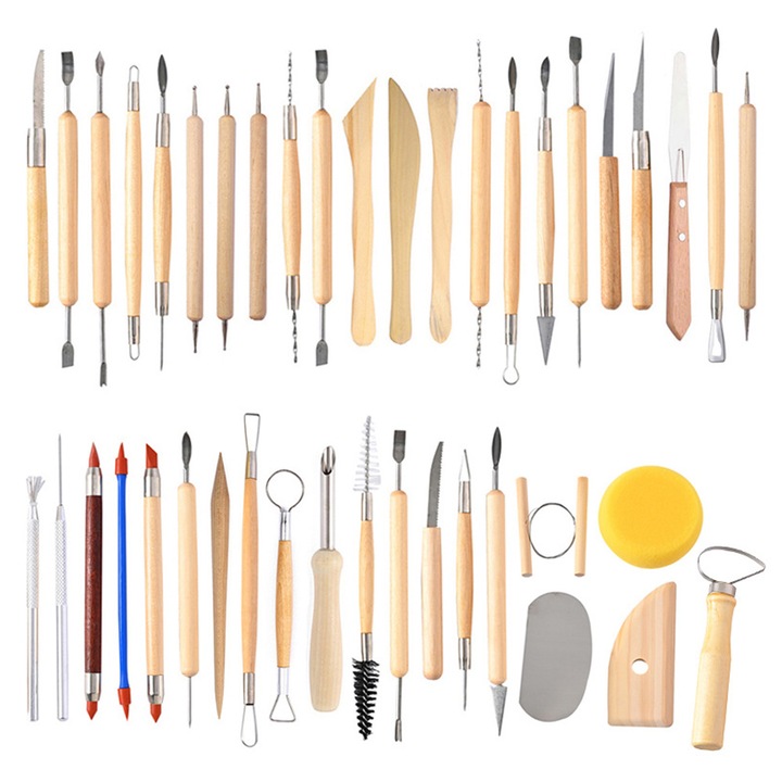 Set de unelte pentru modelaj, Cozevdnt, 42 piese, din lemn si otel inoxidabil, pentru sculptura si ceramica