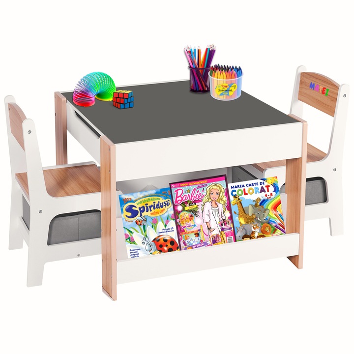 Suporto gyerek asztal székkel, 3 funkció az 1-ben, Könyvespolcok ellátva, rajztábla, íráshoz, színezéshez, játéktároló dobozok, MDF bútorok, 3-6 éves korúaknak, Barna és fehér