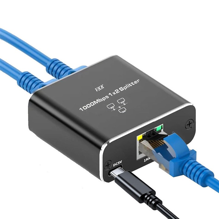 Splitter Gigabit Ethernet, VKK®, USB, Splitter RJ45 pentru cablu Cat5/5e/6/7/8, Negru