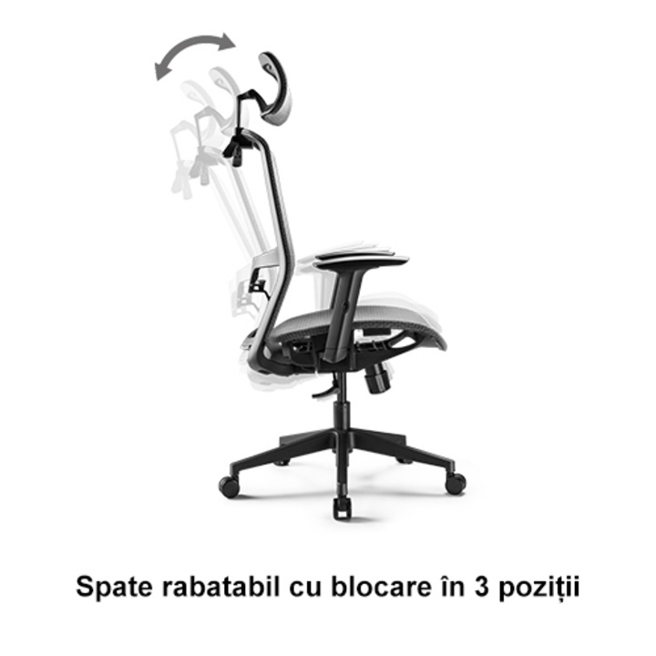Scaun de birou ergonomic Kring Otto, tetiera reglabila, cotiere 2D, Gri