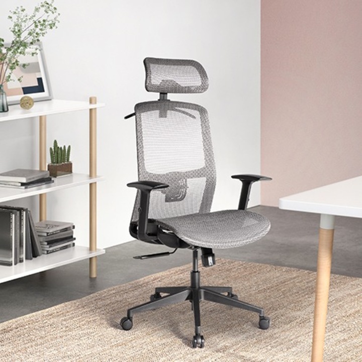 Scaun de birou ergonomic Kring Otto, tetiera reglabila, cotiere 2D, Gri
