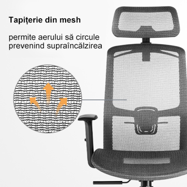 Scaun de birou ergonomic Kring Otto, tetiera reglabila, cotiere 2D, Gri
