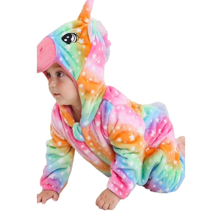 Pijama kigurumi pentru bebelusi, model unicorn, tip salopeta din material maole si pufos
