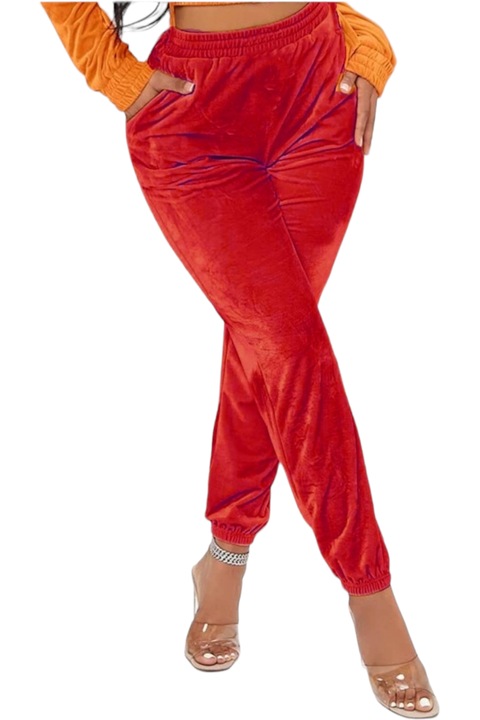 Colanti dama catifea, StarFashion, cu talie si mansete elastice, stil casual, Rosu