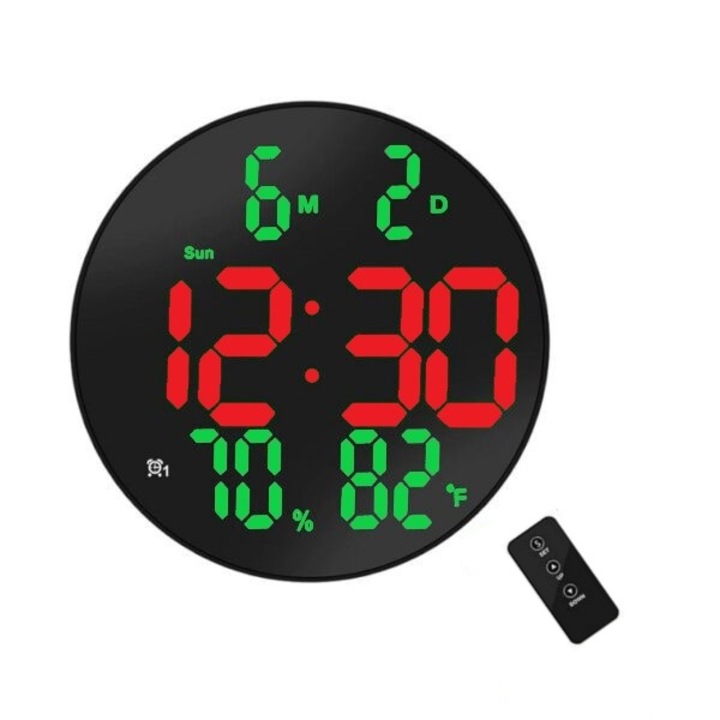 Цифров настолен и стенен часовник с червена LED светлина, календар, температура, термометър, хронометър, дистанционно управление, дисплей за влажност, 20 см