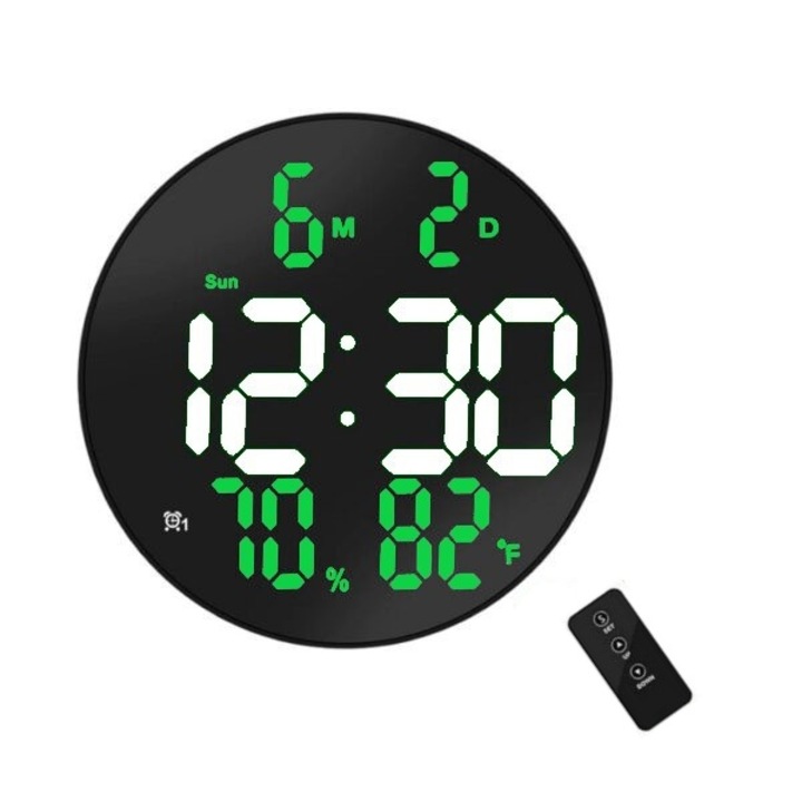 Цифров настолен и стенен часовник с бяла LED светлина, календар, температура, термометър, хронометър, дистанционно управление, дисплей за влажност, 20 см