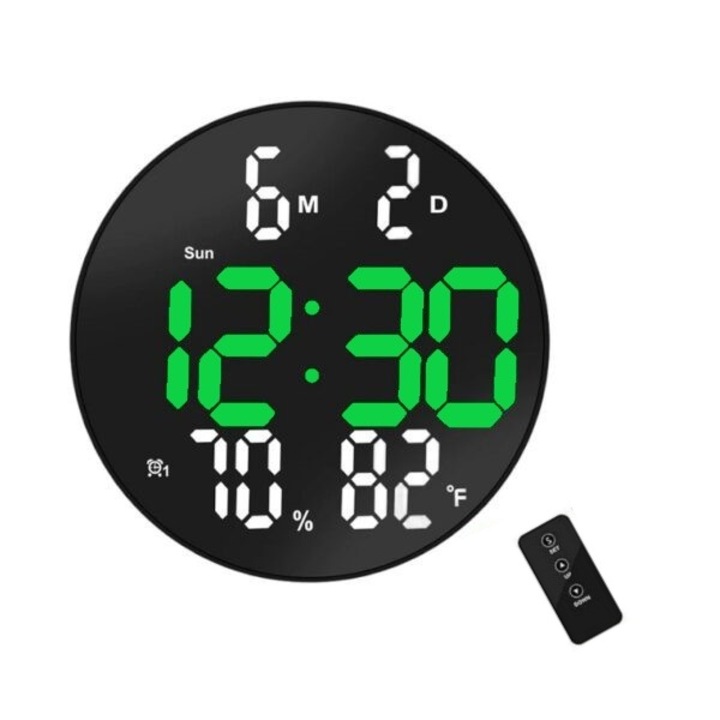Цифров настолен и стенен часовник със зелена LED светлина, календар, температура, термометър, хронометър, дистанционно управление, дисплей за влажност, 20 см