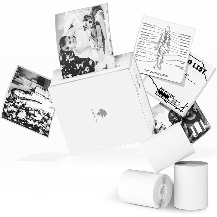 Преносим термичен принтер VITTALIST M02, Bluetooth, Приложение, Компактен, Съвместим с Windows, Apple IOS и Android, Бял